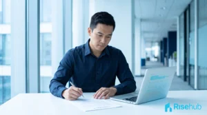 Profesional muda Asia menelaah dokumen bisnis di meja kerja modern — ilustrasi kapan waktu tepat menggunakan virtual office