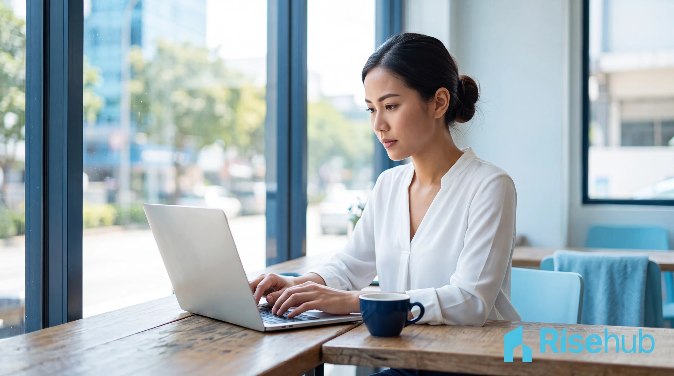Profesional wanita Asia bekerja dari laptop di ruang terbuka — ilustrasi virtual office untuk bisnis dengan tim remote atau hybrid