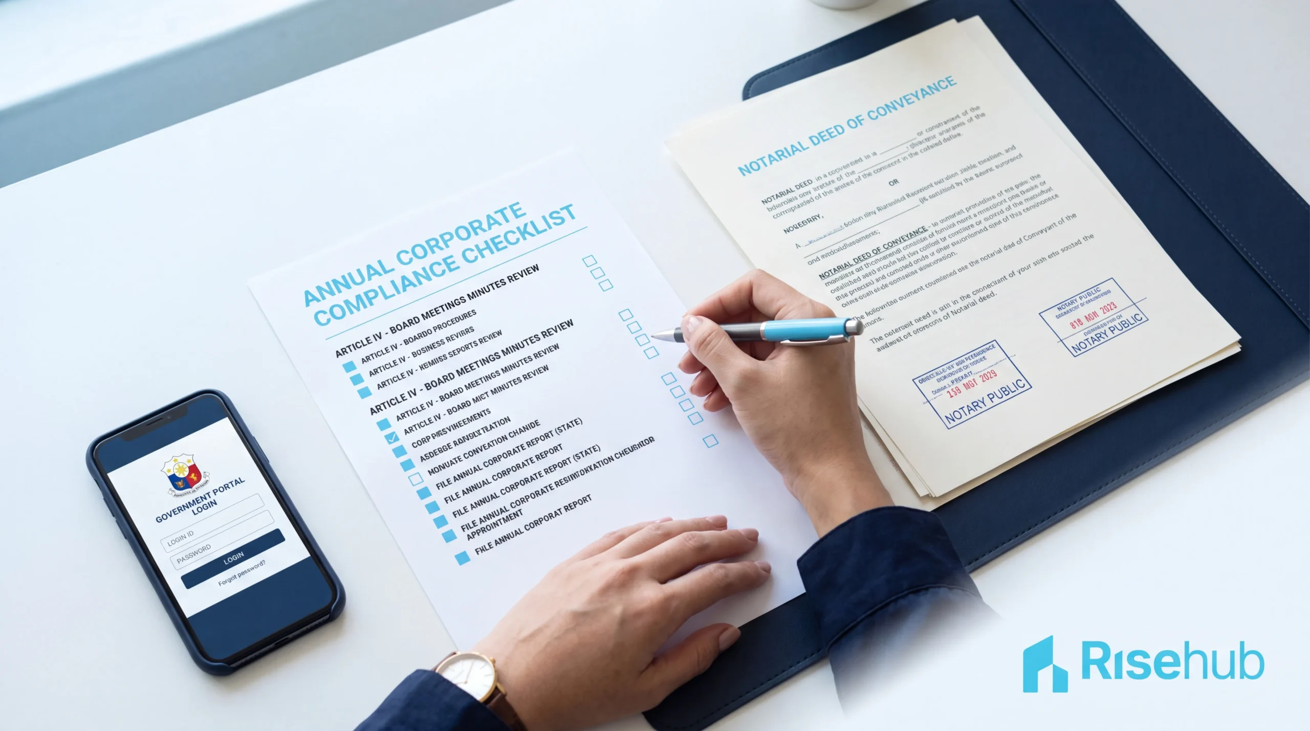 Tangan profesional mencentang checklist kepatuhan RUPS di atas meja dengan dokumen notaris dan perangkat digital — panduan Permenkum 49/2025