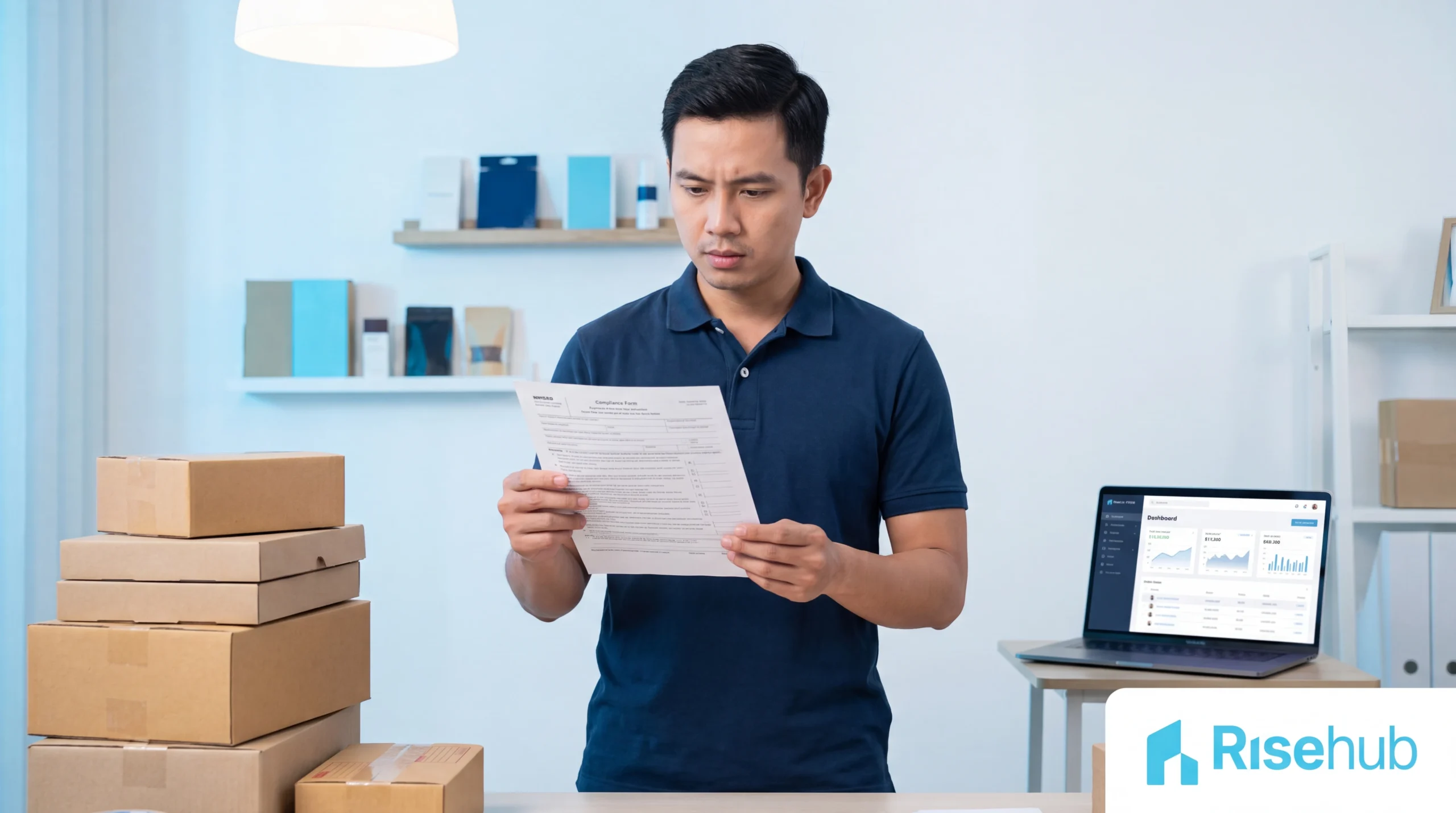 Pemilik bisnis online Asia memeriksa dokumen pajak PKP di samping tumpukan paket siap kirim