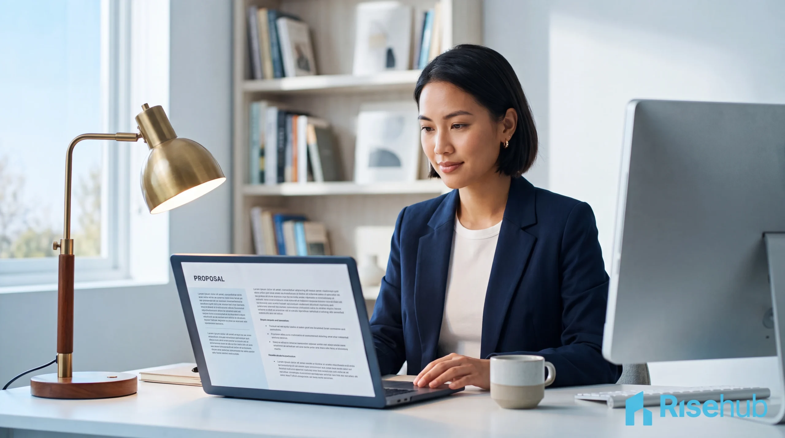 Profesional wanita Asia bekerja sendiri di home office meninjau kontrak bisnis di laptop
