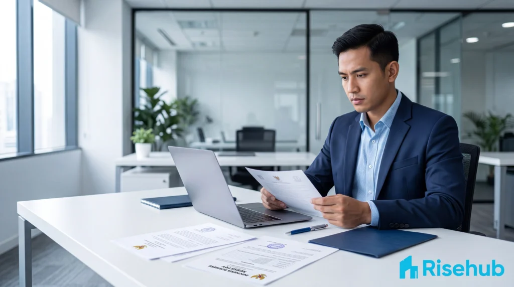 Profesional muda Asia bekerja dari laptop di ruang kerja modern ilustrasi konsep virtual office Indonesia