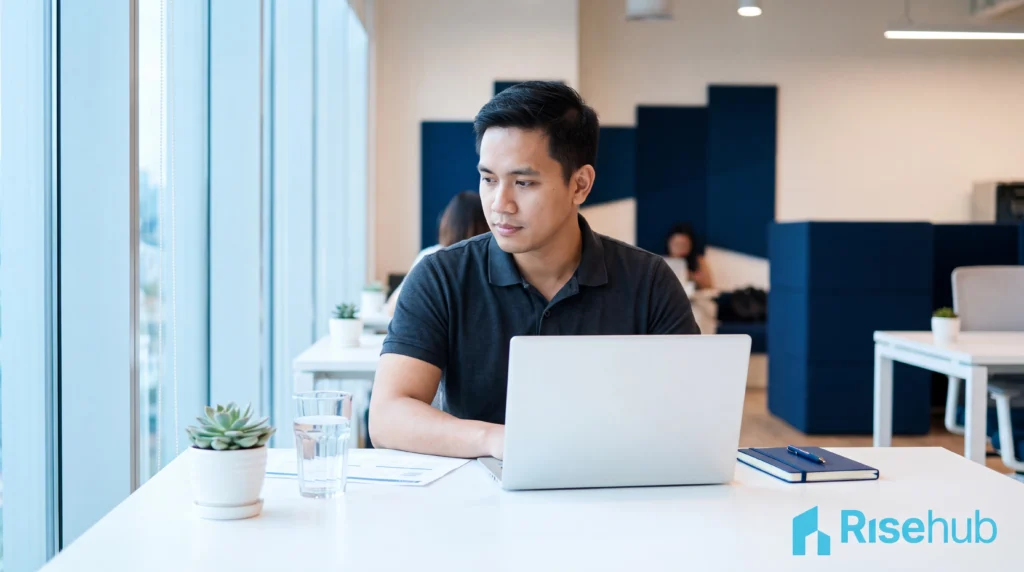 Profesional muda Asia bekerja dari laptop di meja modern — ilustrasi konsep bisnis yang butuh virtual office