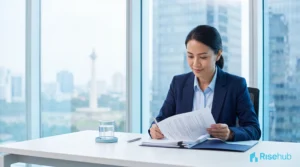 Profesional bisnis meninjau dokumen legalitas virtual office di kantor modern Jakarta dengan nuansa biru langit dan navy