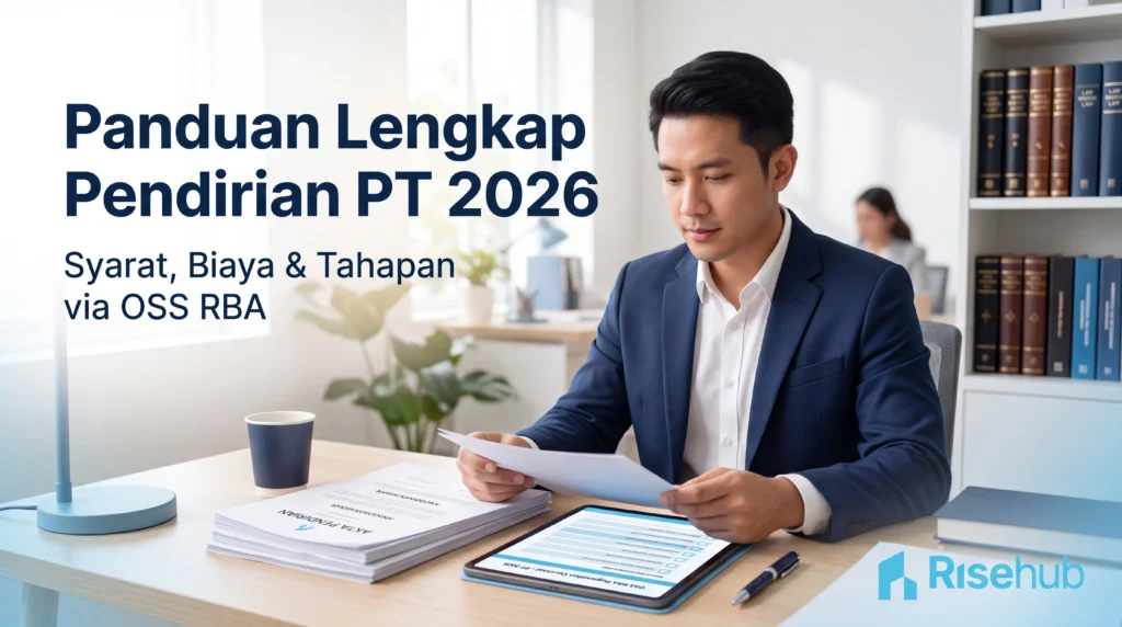 Profesional muda mengecek dokumen syarat pendirian PT dan checklist OSS RBA di kantor modern bernuansa biru