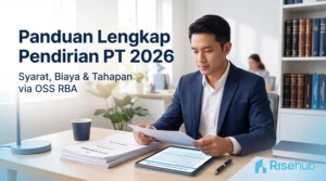 Profesional muda mengecek dokumen syarat pendirian PT dan checklist OSS RBA di kantor modern bernuansa biru