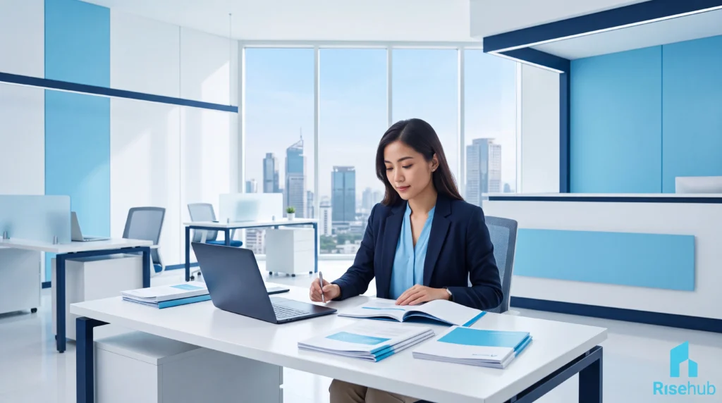 Profesional muda bekerja di ruang virtual office modern Jakarta dengan nuansa biru langit dan navy
