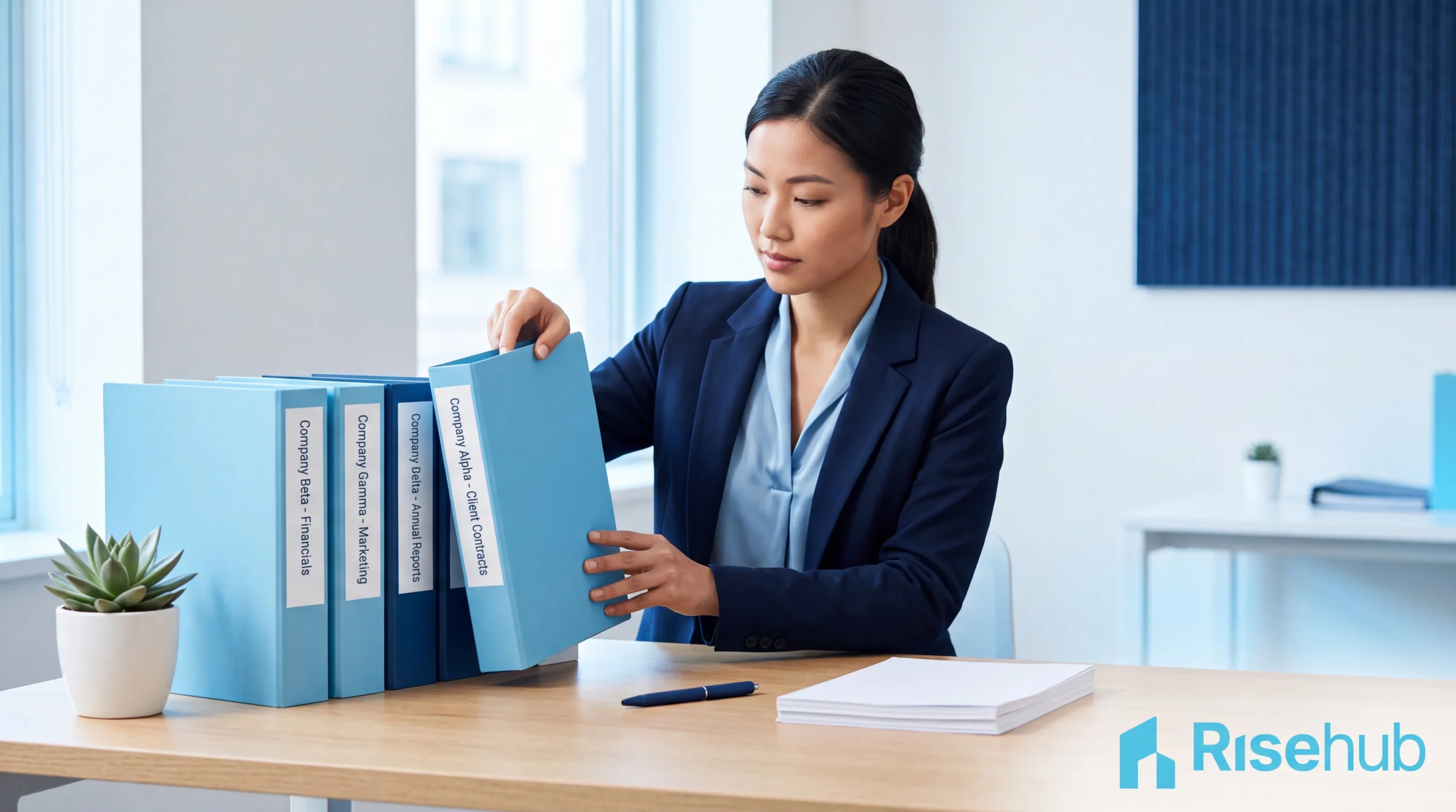 Profesional Asia menyusun dan memisahkan dokumen domisili untuk masing-masing perusahaan — ilustrasi cara aman virtual office multi entitas