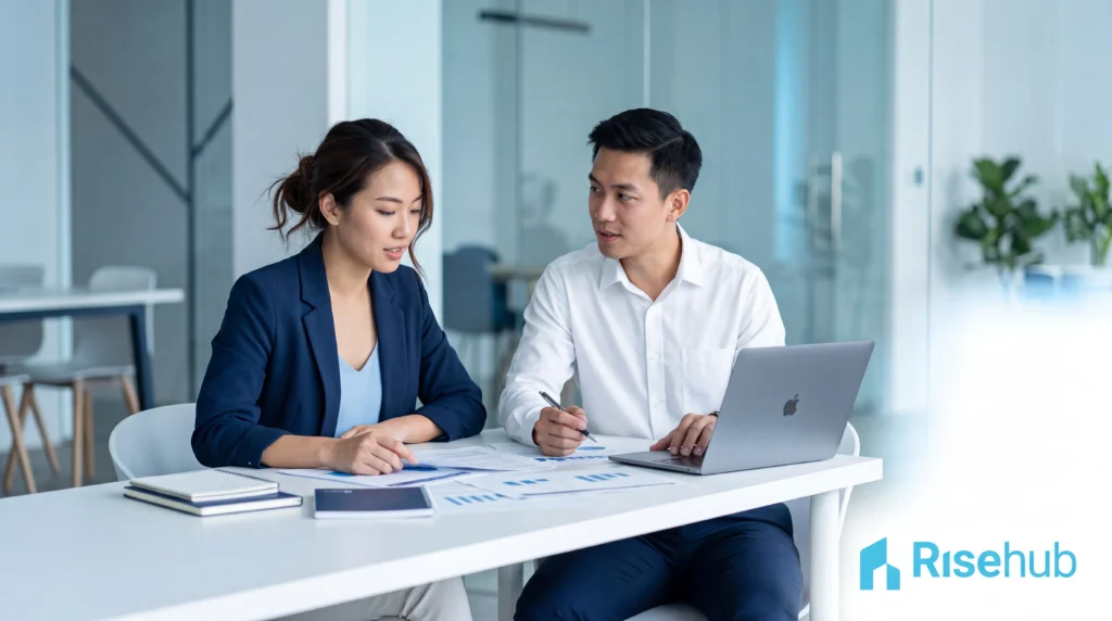 Dua profesional muda Asia mendiskusikan dokumen pendirian beberapa PT di meja kerja modern — ilustrasi virtual office untuk banyak perusahaan
