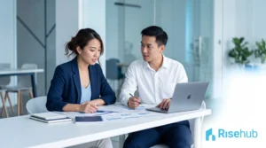 Dua profesional muda Asia mendiskusikan dokumen pendirian beberapa PT di meja kerja modern — ilustrasi virtual office untuk banyak perusahaan