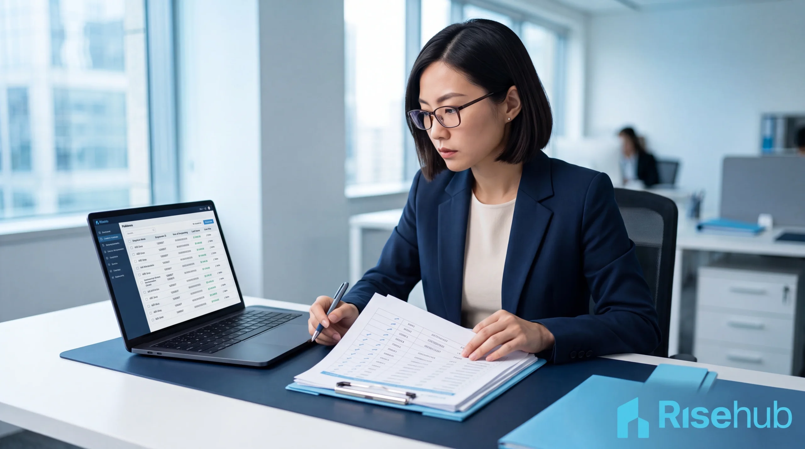 Profesional Asia memeriksa daftar entitas terdaftar di satu alamat pada laptop — ilustrasi verifikasi OSS dan pajak untuk virtual office multi PT