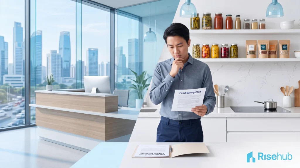 Ilustrasi kontras antara alamat virtual office di gedung perkantoran dan dapur produksi rumahan untuk usaha F&B