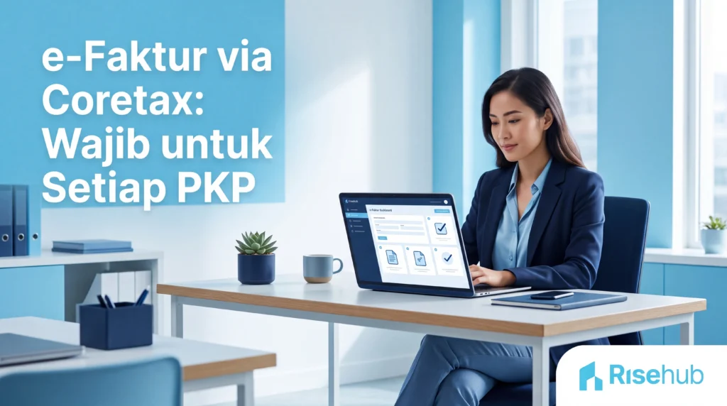Profesional muda Asia Tenggara membuat faktur pajak elektronik melalui sistem Coretax DJP di laptop, dengan nuansa warna biru langit dan navy, teks 'e-Faktur via Coretax: Wajib untuk Setiap PKP