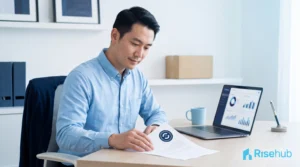 Pelaku usaha online meninjau dokumen NIB dan izin usaha di meja kerja minimalis sambil membuka laptop, ilustrasi legalitas bisnis online sesuai PP 80/2019