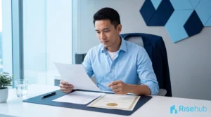 Direktur PT sedang memeriksa dokumen resmi pendaftaran NPWP badan usaha di kantor modern