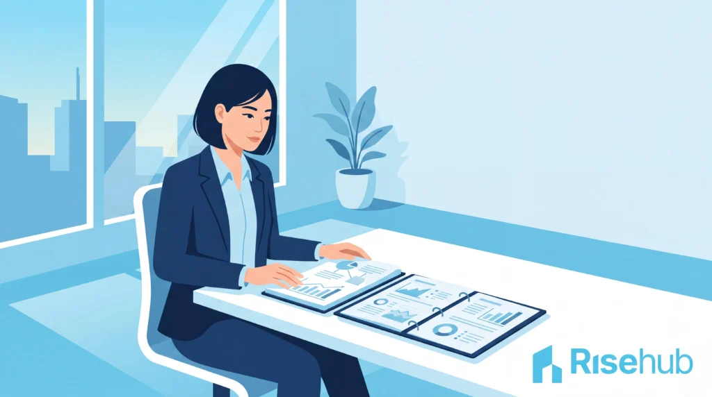 Ilustrasi pengusaha membandingkan dokumen PT dan CV saat memilih bentuk badan usaha