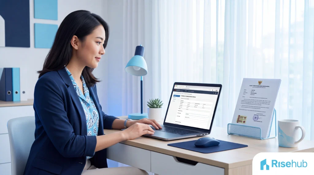 Pelaku usaha kecil mendaftarkan mereknya secara online melalui laptop dengan surat pernyataan UMK di meja kerja