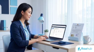 Pelaku usaha kecil mendaftarkan mereknya secara online melalui laptop dengan surat pernyataan UMK di meja kerja
