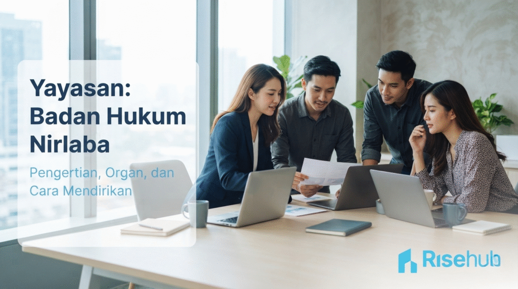 Ilustrasi pengertian yayasan sebagai badan hukum nirlaba dengan tim profesional sedang berdiskusi di kantor modern